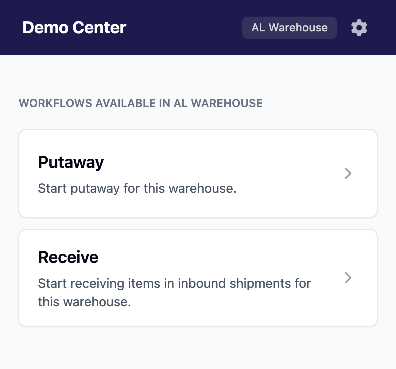 Handheld workflow menu showing Putaway and Receive